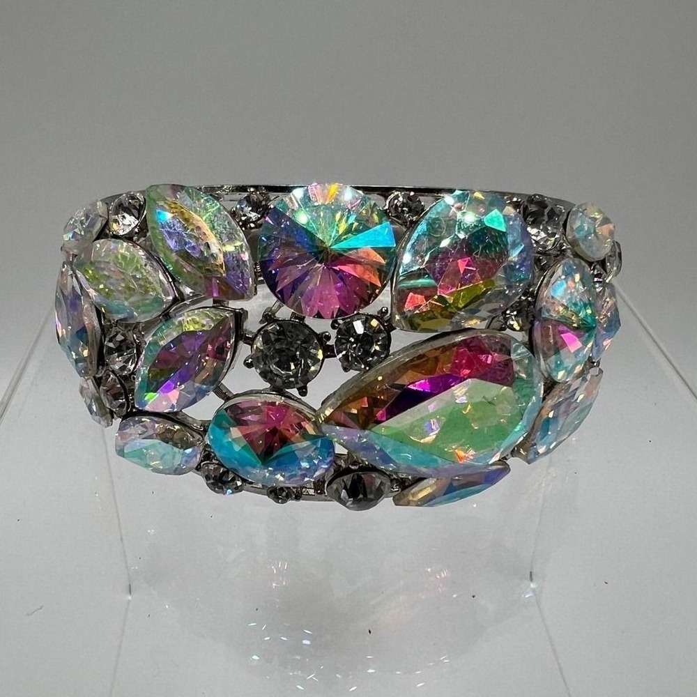 Aurora Rhinestone Clamp Bracelet Maximalist Glam‎ Y2K Silver Rhinestone 7in